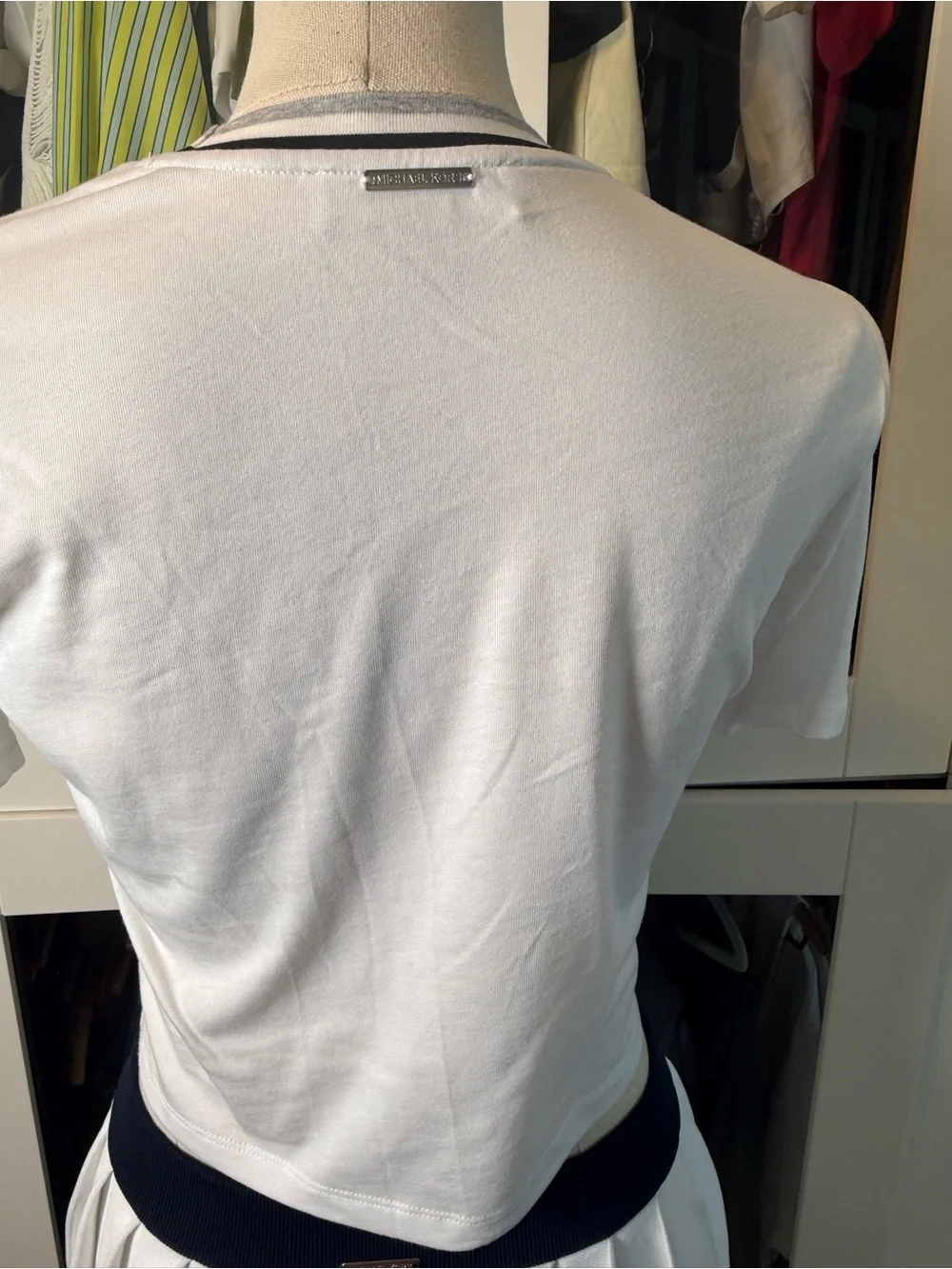 Michael Kors White Crop Tennis Top with Navy Trim & Pleated Skirt